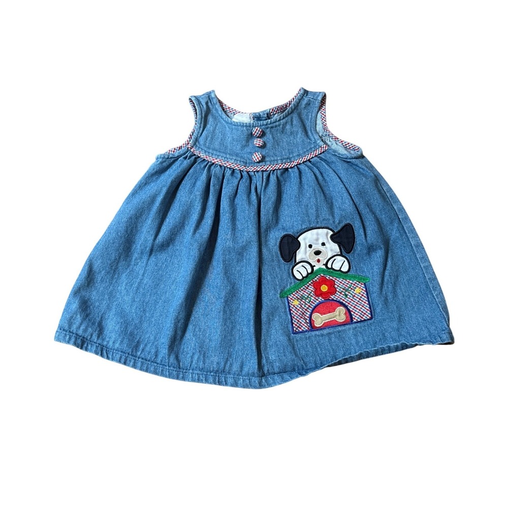 Vintage Denim Dress Baby Girl Blue Embroidered Puppy Doghouse SIZE 12m